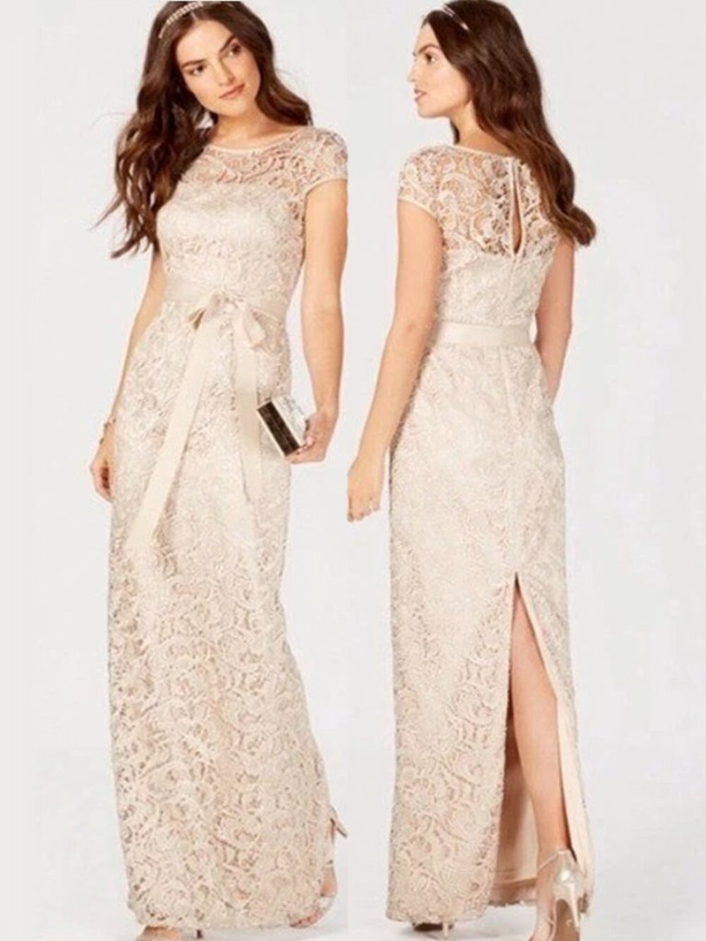 Adrianna Papell Lace Cap Sleeve Illusion Gown